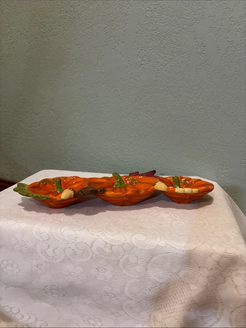 Kohl's Orange Pumpkin Trio Ceramic Serving Dish with Green Stem Accents